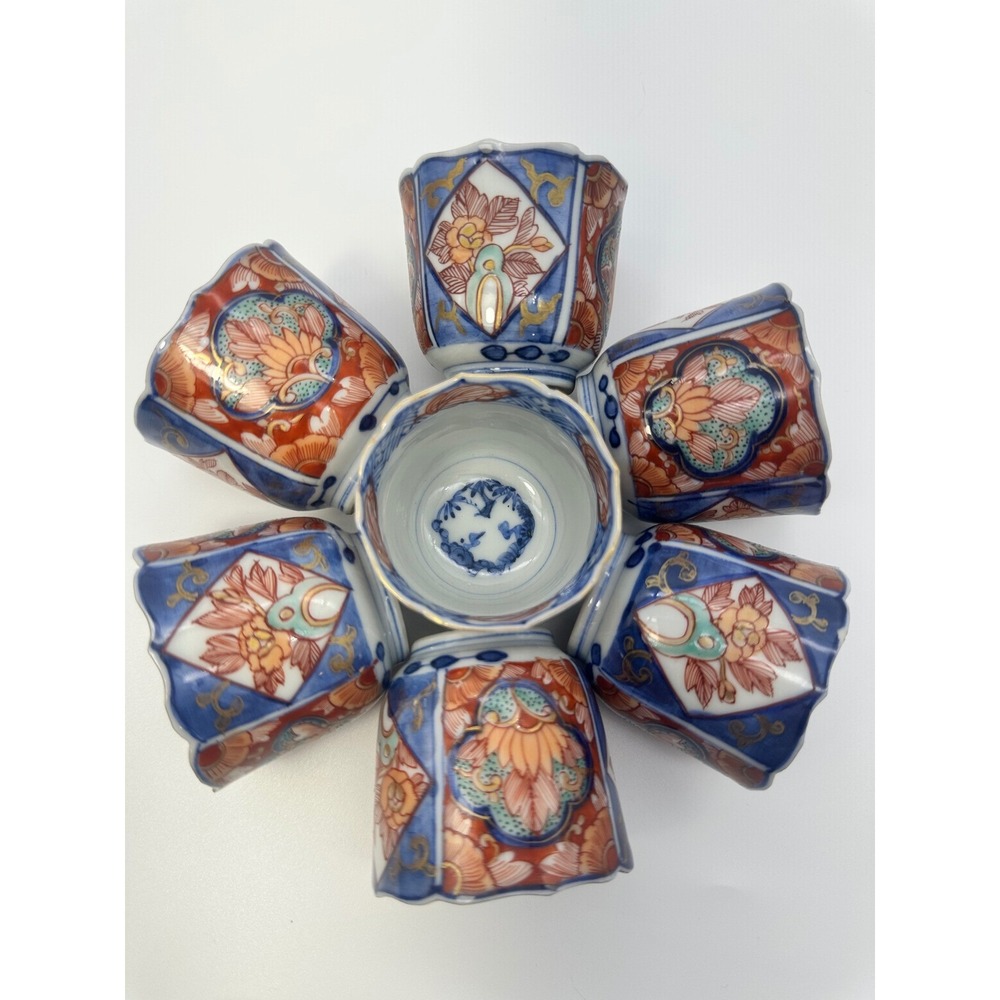 7pc Japanese Imari Porcelain Tea Cups Scalloped Blue Orange Gold Floral Set